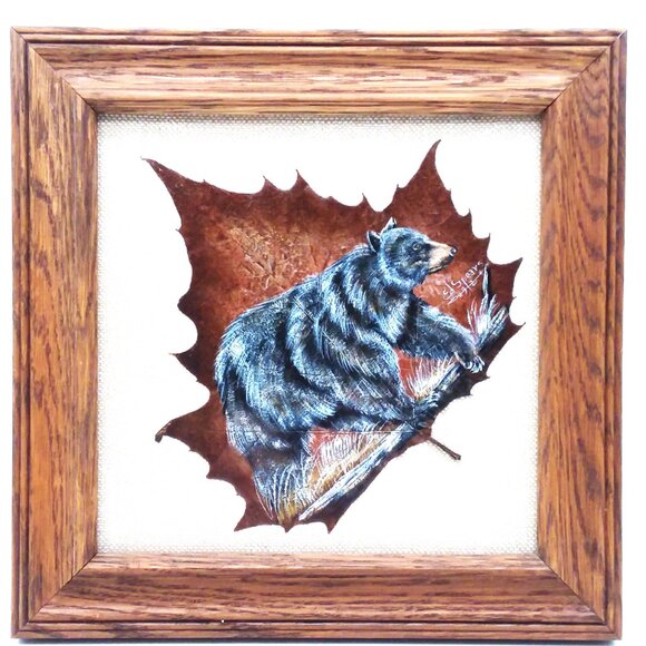 VTG Hand Painted Bear Real Leaf Wood Framed Hunt Cabin Lodge Signed Ed Spears - Picture 1 of 5